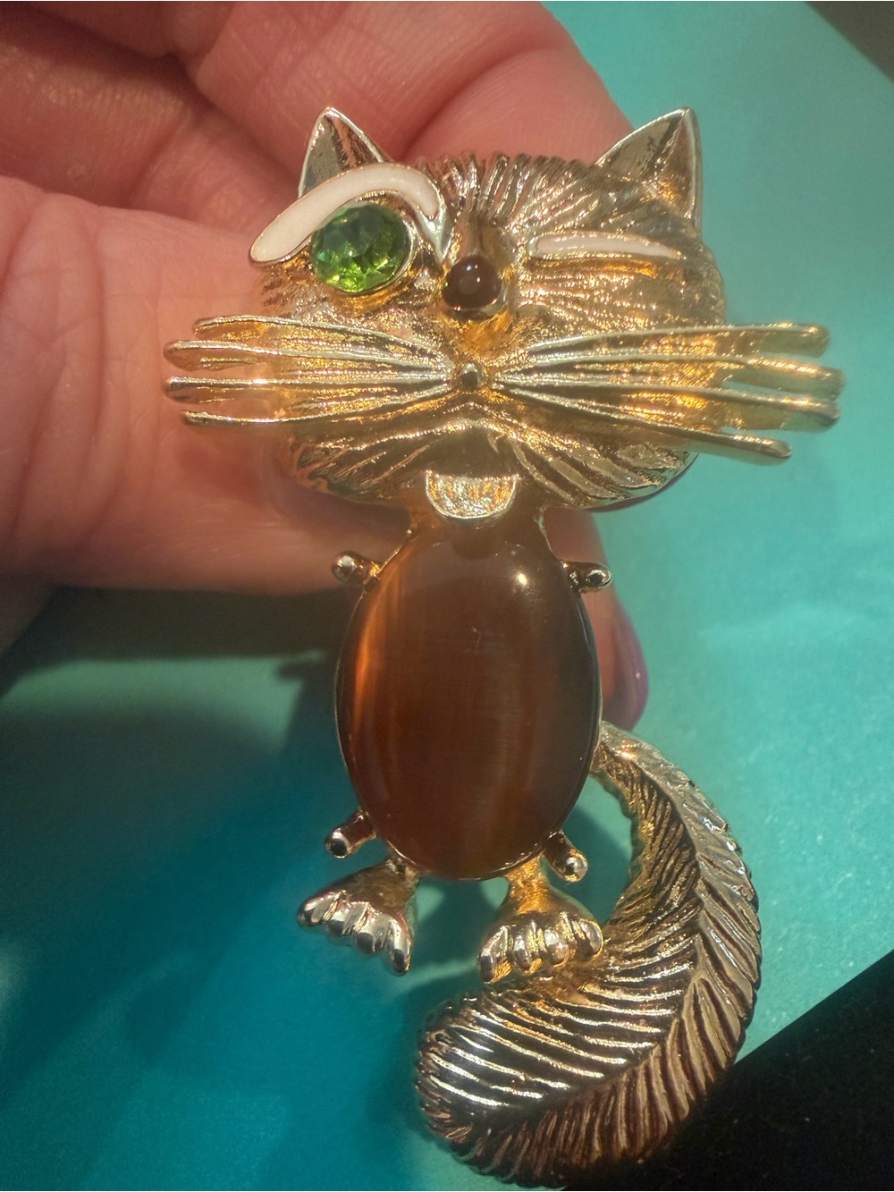 Vintage Jelly Belly Cat Gold Tone Brooch with Green Eye and Brown Belly